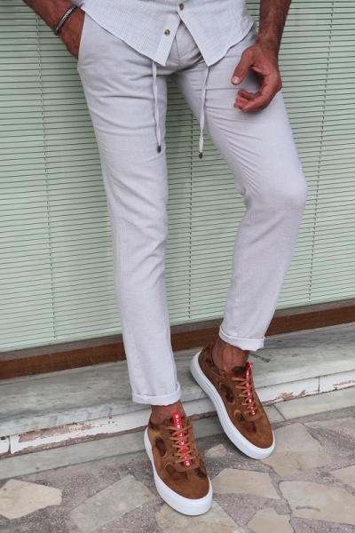 Beige Slim Fit Linen Pants for Men by GentWith.com with Free Worldwide Shipping