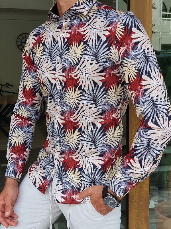 Beige Slim Fit Long Sleeve Tropical Cotton Shirt for Men by GentWith.com