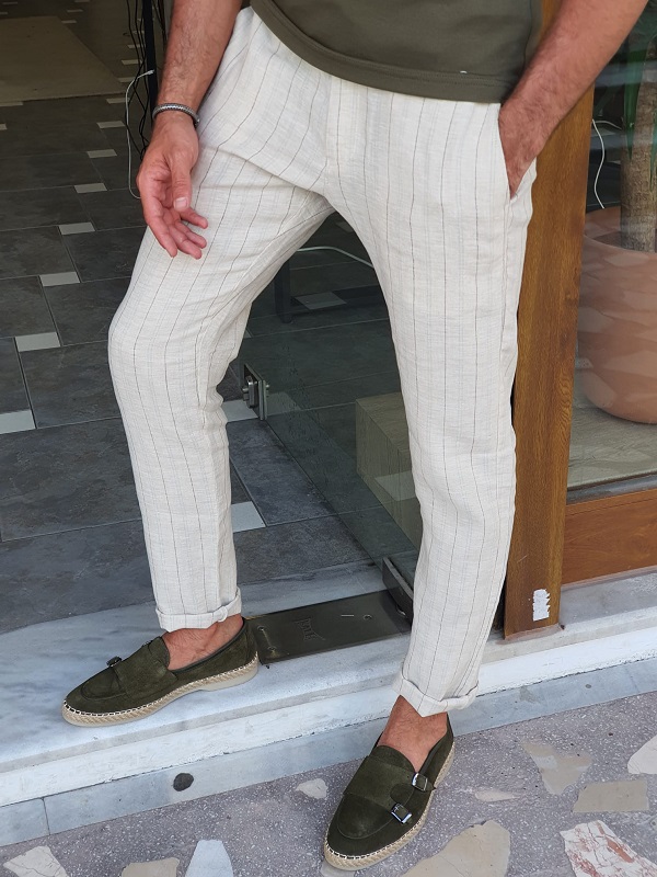 Beige Slim Fit Pinstripe Linen Pants for Men by GentWith | Worldwide ...