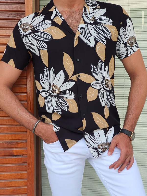 Black Slim Fit Short Sleeve Floral Shirt for Men by GentWith.com