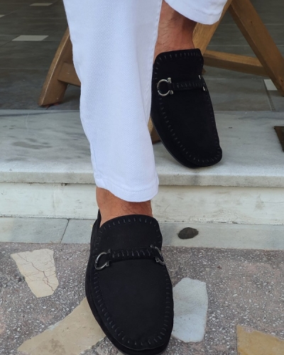 Black Suede Slip On Bit Loafers for Men by GentWith.com with Free Worldwide Shipping