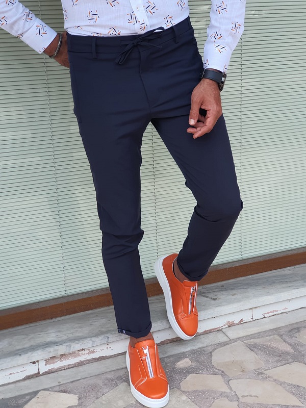 Navy Blue Slim Fit Cotton Pants for Men by GentWith.com with Free Worldwide Shipping
