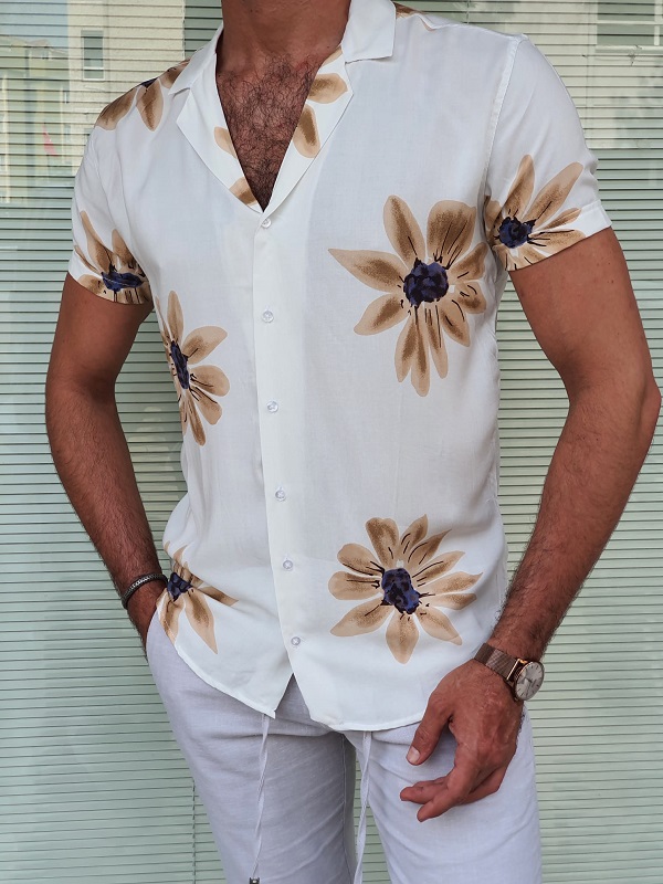 White Slim Fit Short Sleeve Floral Shirt for Men by