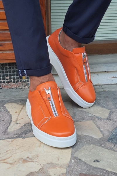 Orange Mid-Top Zipper Sneakers for Men by GentWith.com with Free Worldwide Shipping