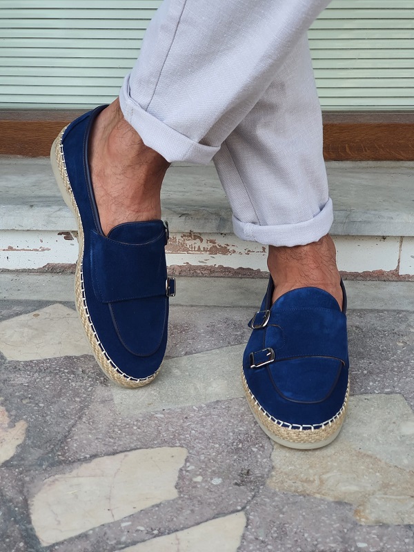 Blue Suede Double Monk Strap Loafers for Men by GentWith.com