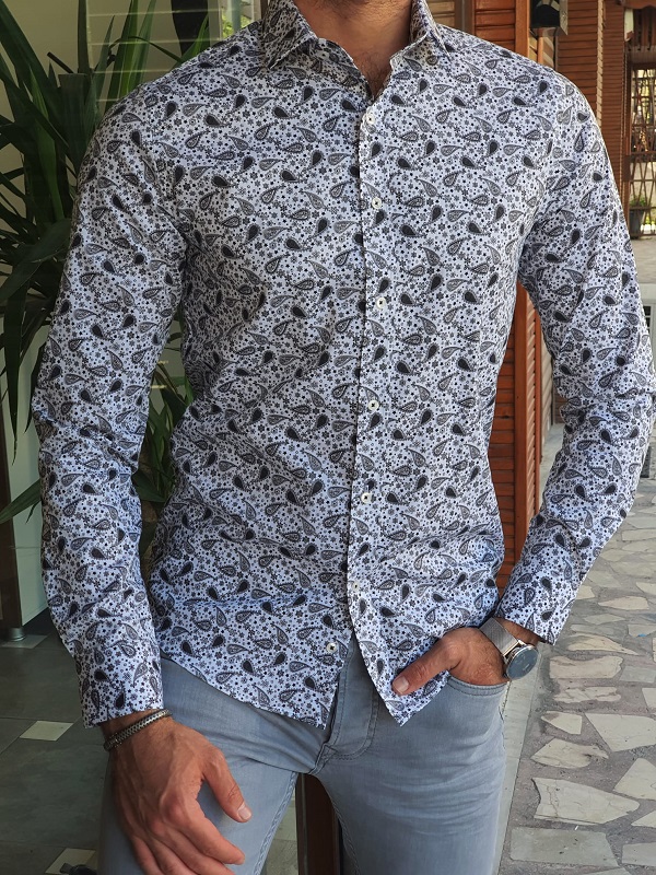 Gray Slim Fit Long Sleeve Paisley Cotton Shirt for Men by GentWith
