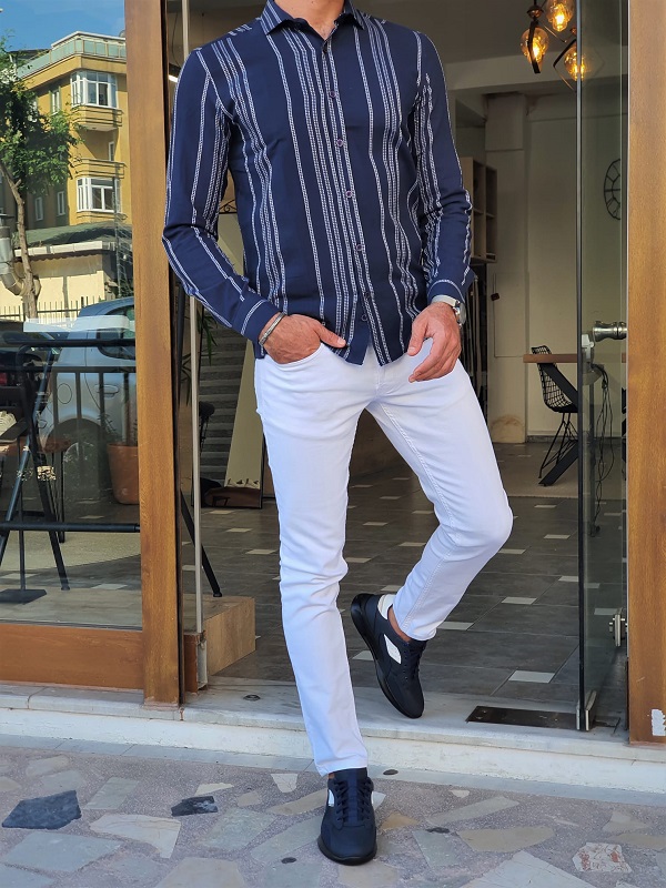 But White Slim Fit Long Sleeve Shirt by GentWith, Worldwide Shipping