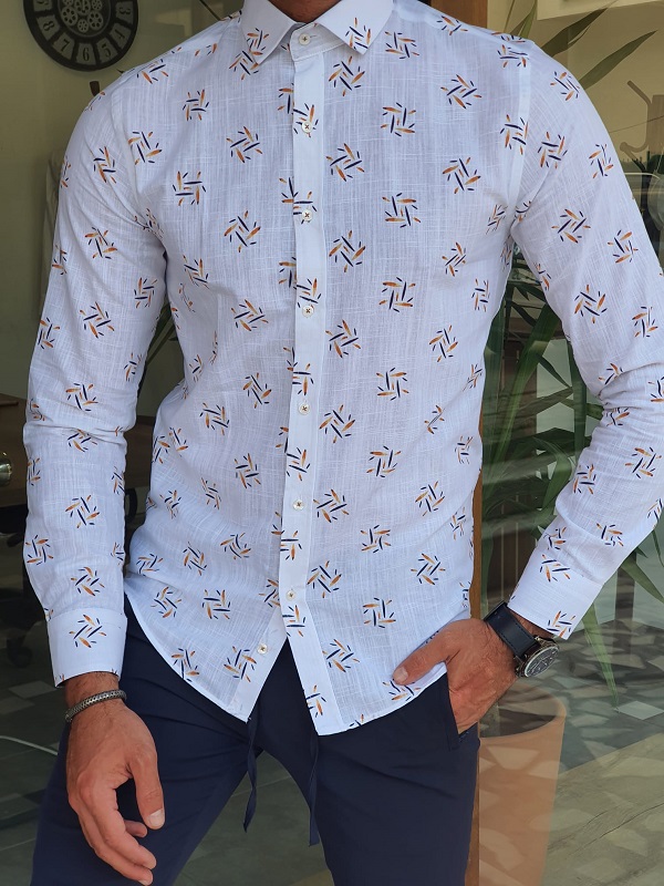 White Slim Fit Long Sleeve Patterned Cotton Shirt for Men by GentWith.com with Free Worldwide Shipping