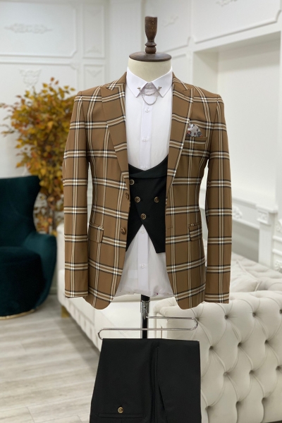 Brown Slim Fit Peak Lapel Plaid Suit for Men by GentWith.com with Free Worldwide Shipping