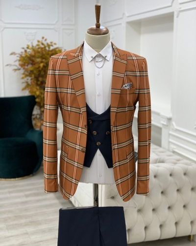 Brown Slim Fit Peak Lapel Plaid Suit for Men by GentWith.com with Free Worldwide Shipping