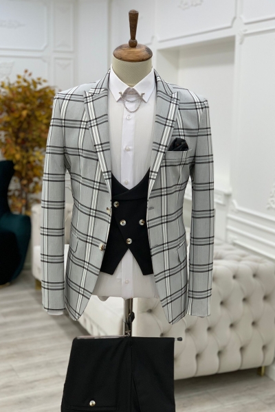 Gray Slim Fit Peak Lapel Plaid Suit for Men by GentWith.com with Free Worldwide Shipping