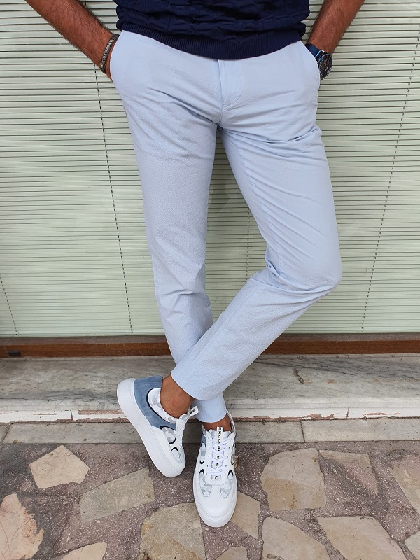 Blue Slim Fit Cotton Pants for Men by GentWith.com with Free Worldwide Shipping