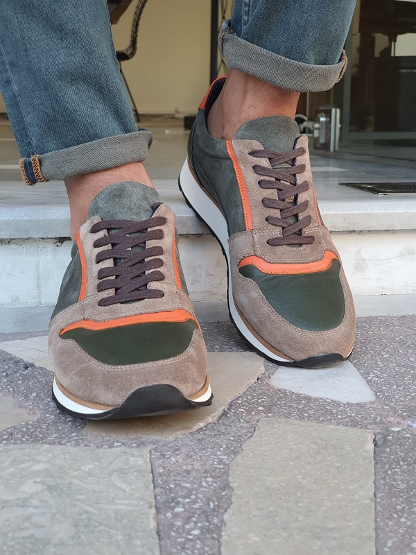 Beige Orange Suede Mid-Top Sneakers for Men by GentWith.com with Free Worldwide Shipping