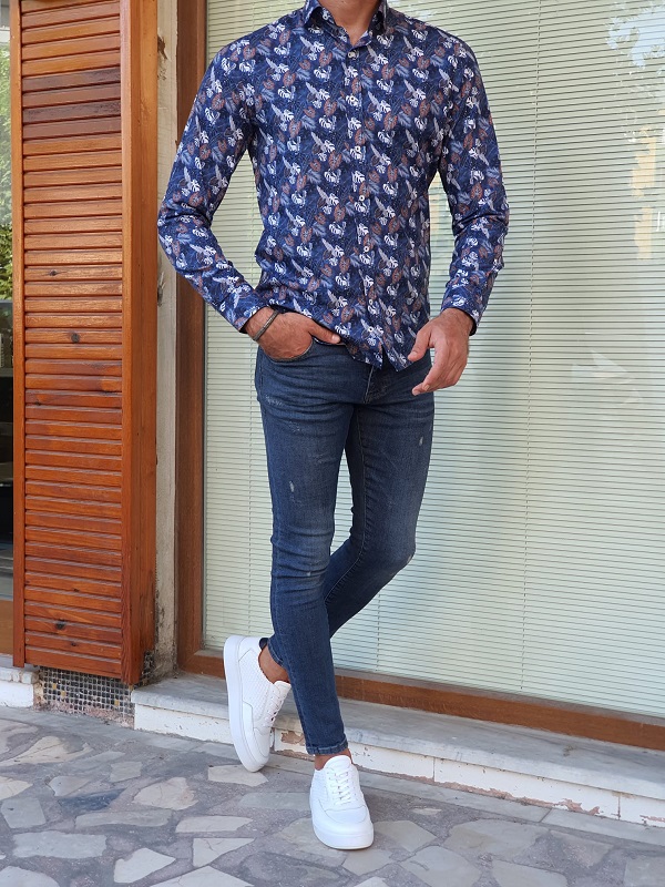 Blue Slim Fit Long Sleeve Cotton Shirt for Men by GentWith.com