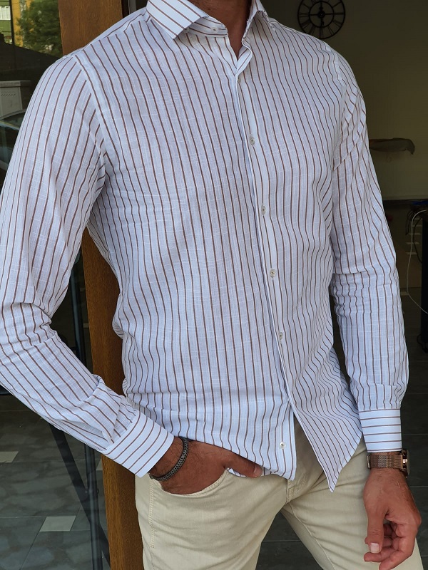 Beige Slim Fit Long Sleeve Striped Cotton Shirt for Men by GentWith.com with Free Worldwide Shipping