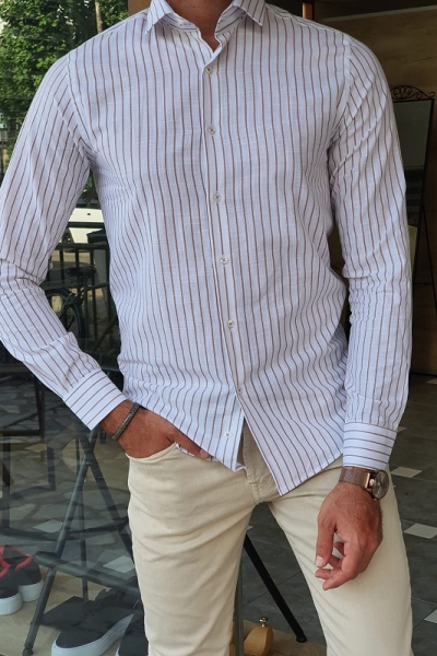 Beige Slim Fit Long Sleeve Striped Cotton Shirt for Men by GentWith.com with Free Worldwide Shipping