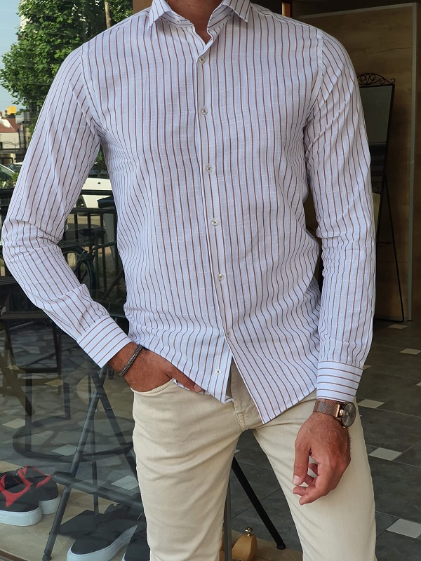 Beige Slim Fit Long Sleeve Striped Cotton Shirt for Men by GentWith.com