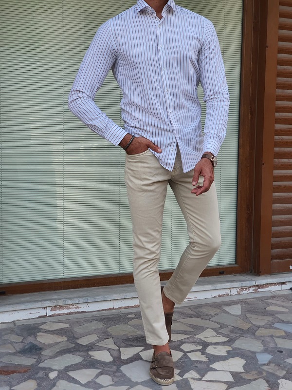 Beige Slim Fit Long Sleeve Striped Cotton Shirt for Men by GentWith.com