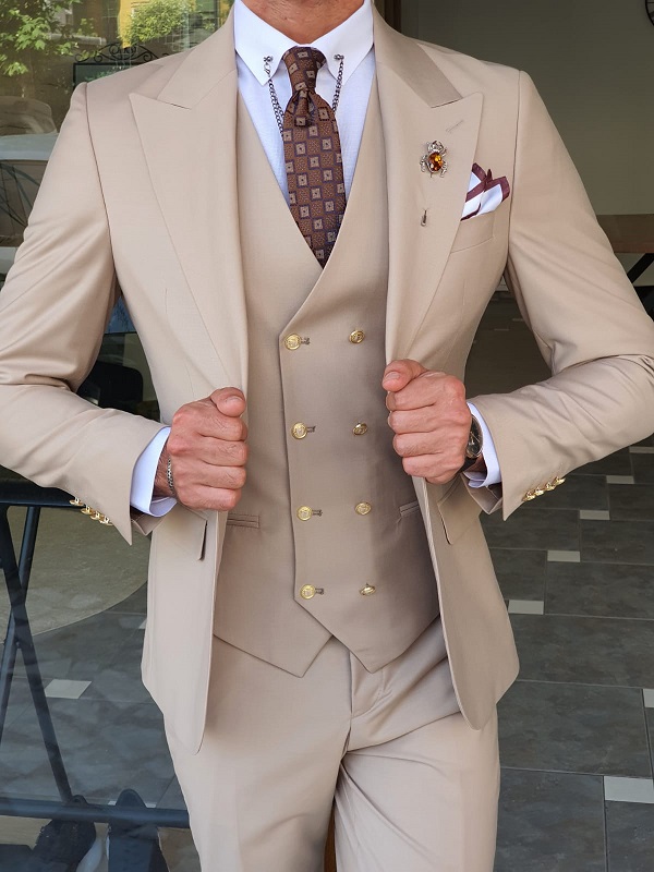 Beige Slim Fit Peak Lapel Wool Suit for Men by GentWith.com with Free Worldwide Shipping