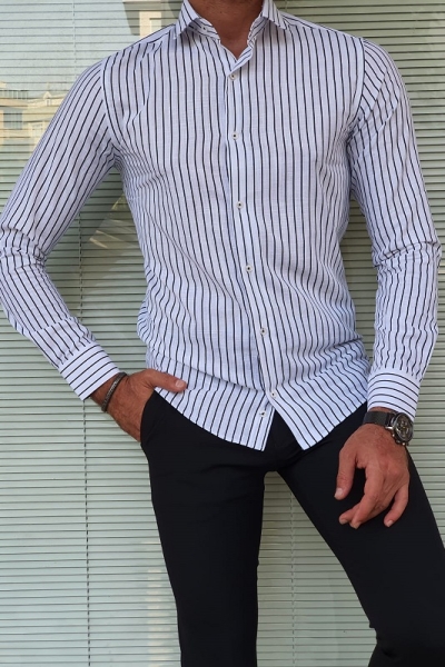 Black Slim Fit Long Sleeve Striped Cotton Shirt for Men by GentWith.com with Free Worldwide Shipping