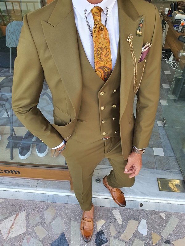 Khaki Slim Fit Peak Lapel Wool Suit for Men by