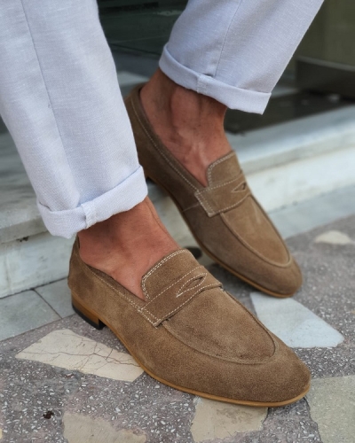 Beige Suede Penny Loafers for Men by GentWith.com with Free Worldwide Shipping
