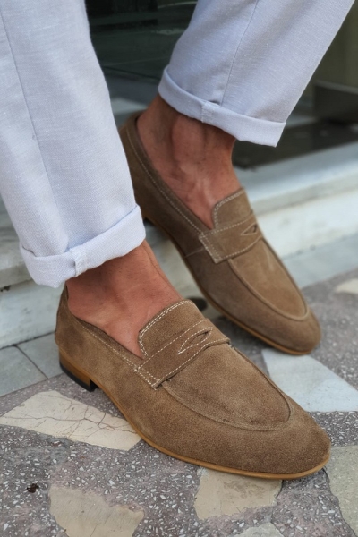 Beige Suede Penny Loafers for Men by GentWith.com with Free Worldwide Shipping