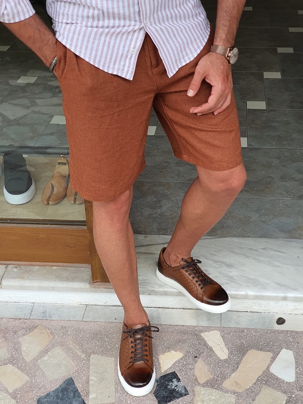 Brown Slim Fit Linen Shorts for Men by GentWith.com with Free Worldwide Shipping