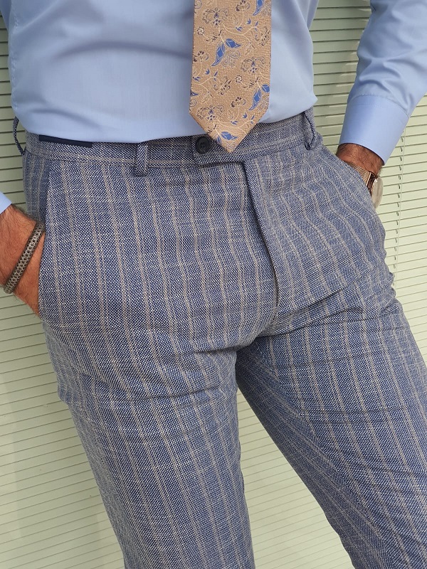 GentWith Jackpot Navy Blue Beige Slim Fit Striped Pants