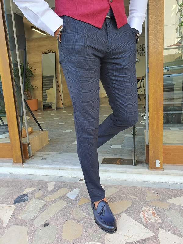 GentWith Jackpot Navy Blue Slim Fit Plaid Cotton Pants 