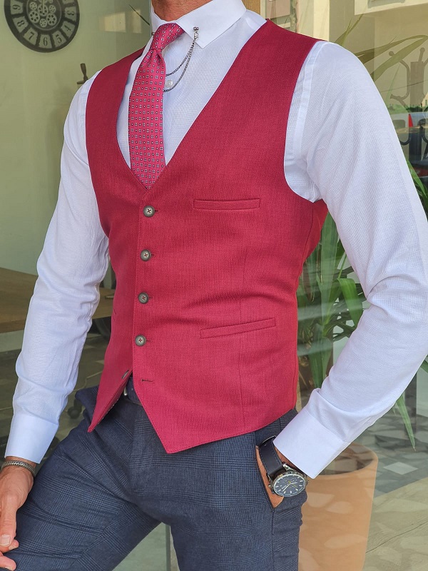 Claret Red Slim Fit Line Vest for Men by GentWith | Worldwide Shipping