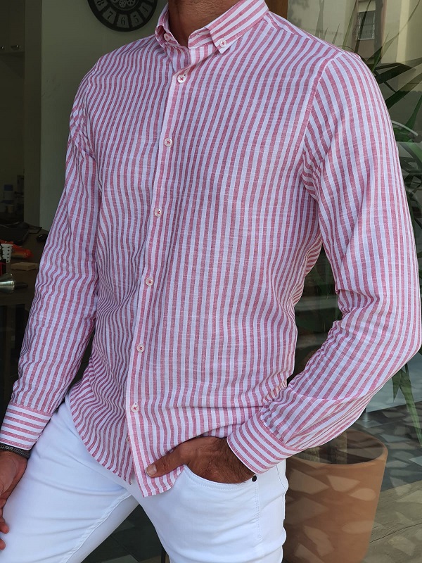 Red Slim Fit Long Sleeve Striped Cotton Shirt for Men by GentWith.com with Free Worldwide Shipping