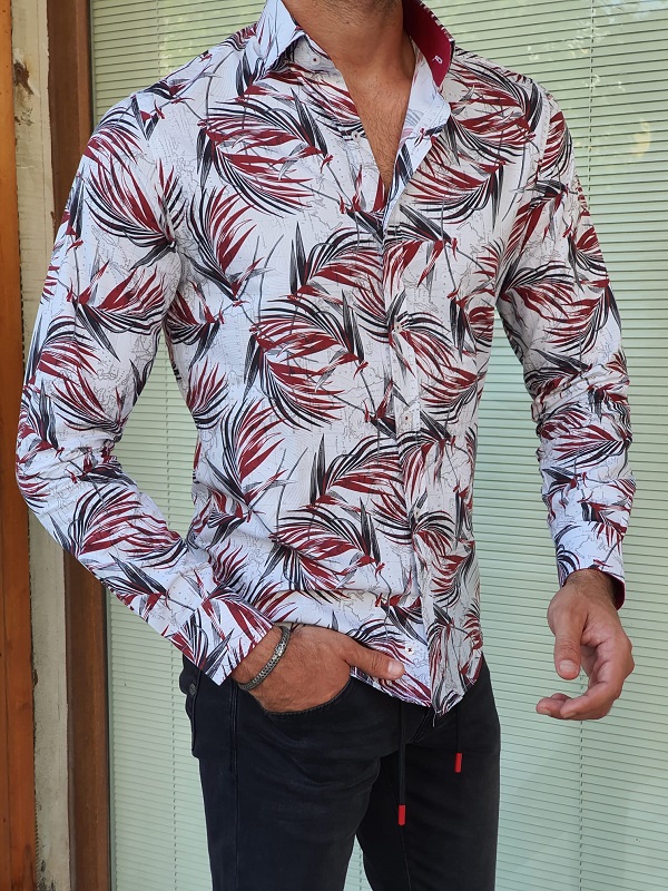 Red Slim Fit Long Sleeve Tropical Cotton Shirt for Men by GentWith.com with Free Worldwide Shipping