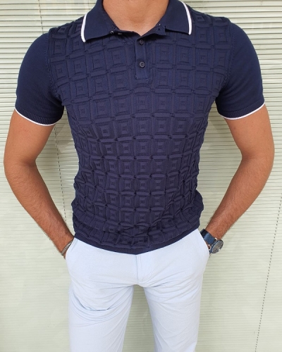 Navy Blue Slim Fit Polo T-Shirt for Men by GentWith.com with Free Worldwide Shipping