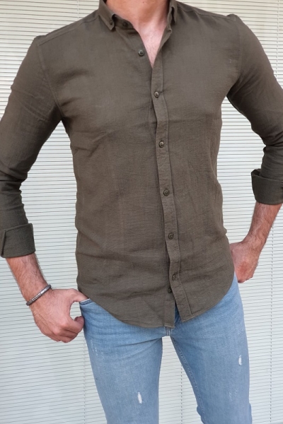 Khaki Slim Fit Long Sleeve Cotton Shirt for Men by GentWith.com with Free Worldwide Shipping