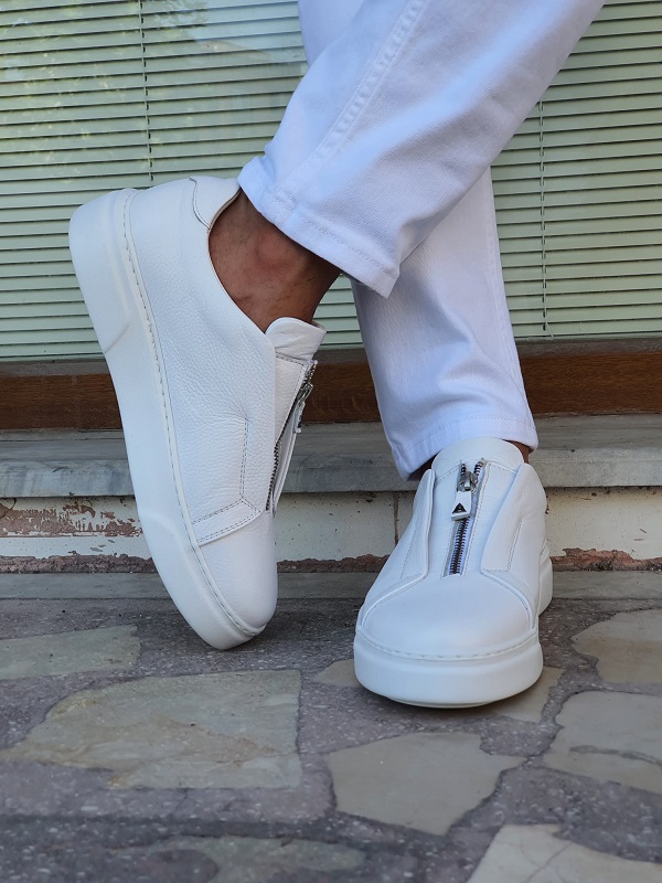 White Mid-Top Zipper Sneakers for Men by GentWith.com with Free Worldwide Shipping