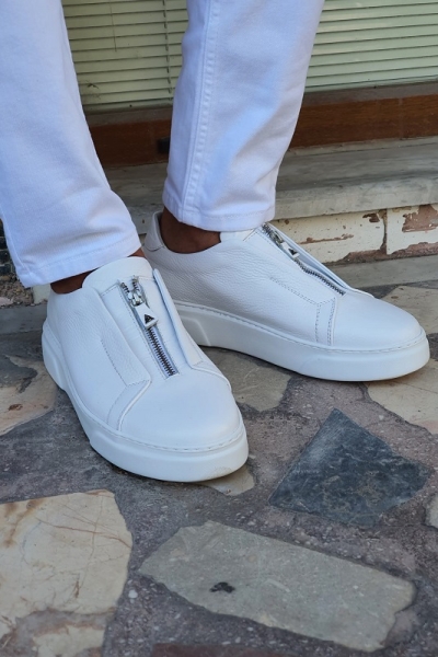 White Mid-Top Zipper Sneakers for Men by GentWith.com with Free Worldwide Shipping