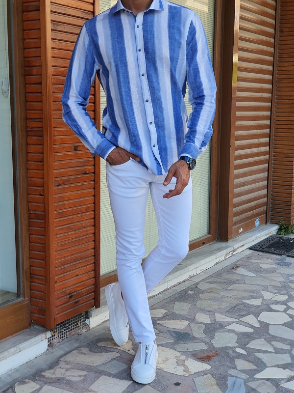 Men's striped blue linen shirt