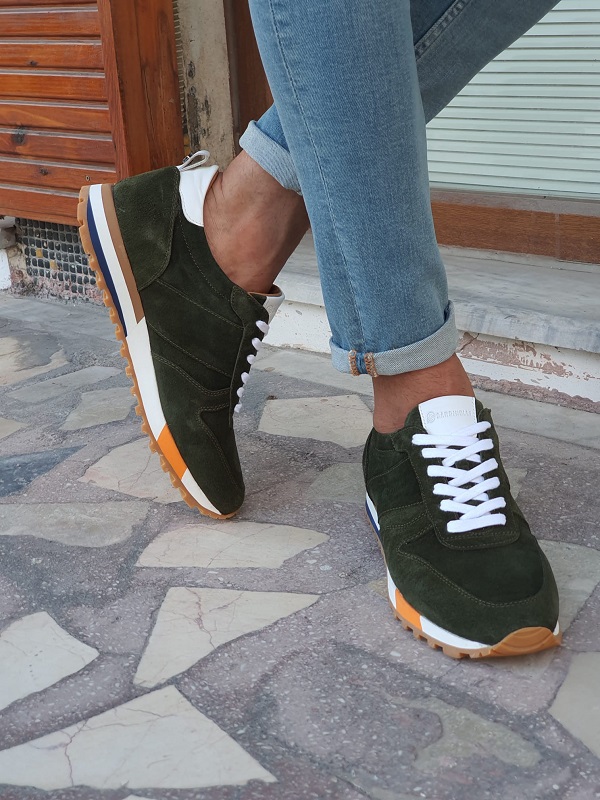 Green Mid-Top Suede Sneakers for Men by GentWith.com with Free Worldwide Shipping