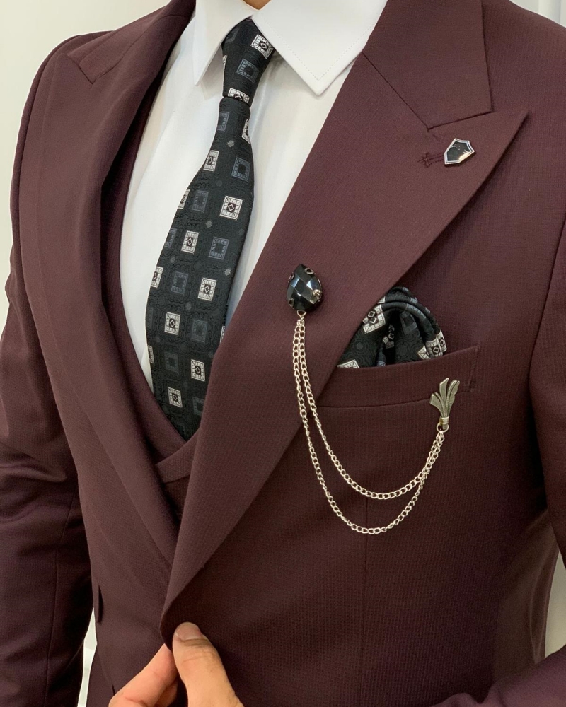 Burgundy Slim Fit Peak Lapel Suit for Men by GentWith.com with Free Worldwide Shipping