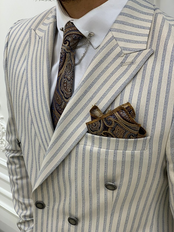 Beige Slim Fit Peak Lapel Double Breasted Striped Suit by GentWith.com