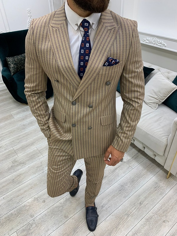 Brown Slim Fit Peak Lapel Double Breasted Striped Suit for Men by GentWith.com with Free Worldwide Shipping