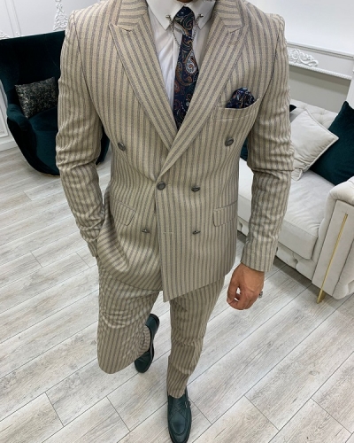 Cream Slim Fit Peak Lapel Double Breasted Striped Suit for Men by GentWith.com with Free Worldwide Shipping