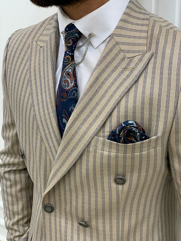 Cream Slim Fit Peak Lapel Double Breasted Striped Suit for Men by GentWith.com with Free Worldwide Shipping