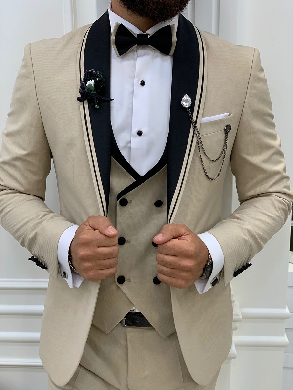 Beige Slim Fit Shawl Lapel Tuxedo by