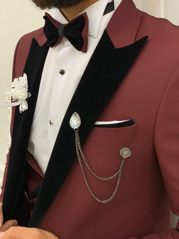 Burgundy Slim Fit Velvet Peak Lapel Tuxedo by GentWith.com