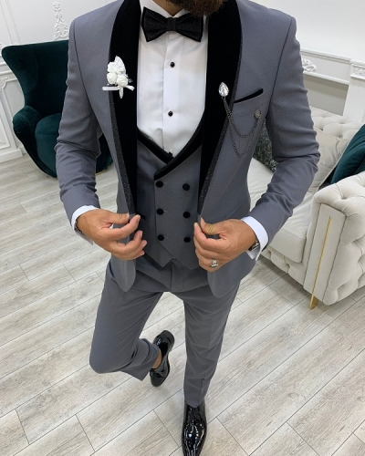 Gray Slim Fit Velvet Shawl Lapel Tuxedo for Men by GentWith.com with Free Worldwide Shipping