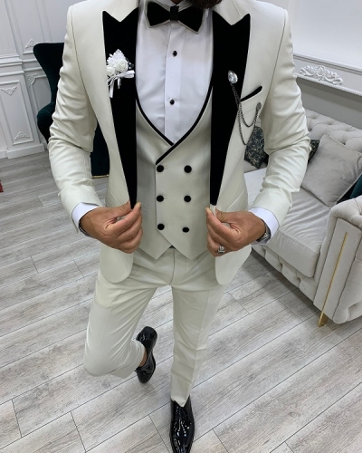 Off White Slim Fit Velvet Peak Lapel Tuxedo for Men by GentWith.com with Free Worldwide Shipping