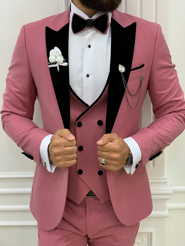 Pink Slim Fit Velvet Peak Lapel Tuxedo by GentWith.com