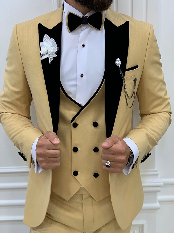 Yellow Slim Fit Velvet Peak Lapel Tuxedo for Men by GentWith.com with Free Worldwide Shipping